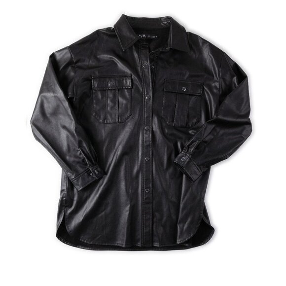 Tops - ZARA black faux-leather button up top size XL